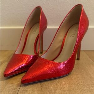 Schutz Red Stiletto metallic snake skin Heels